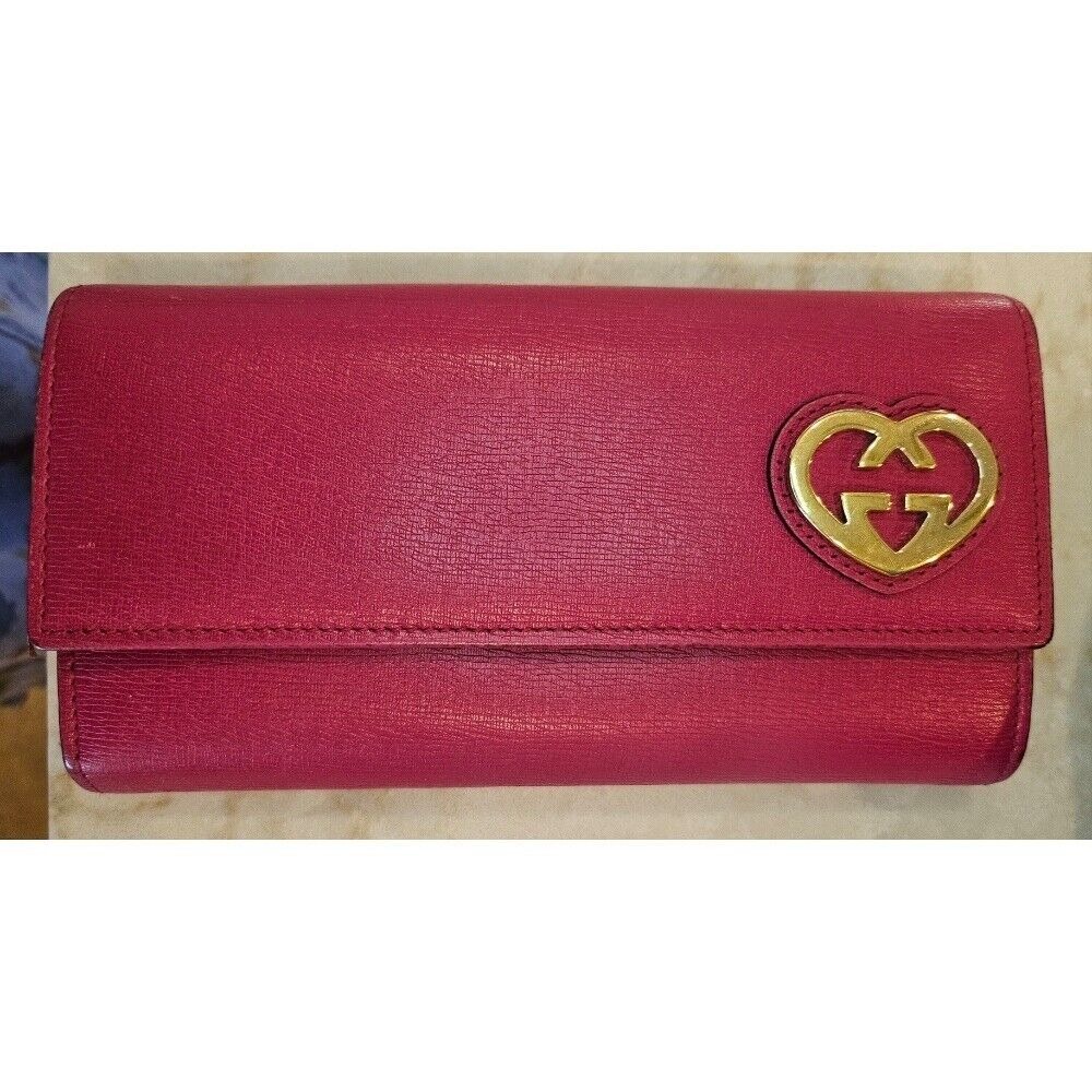 Gucci Wallet Pink Leather Heart Interlocking G Logo Bifold Long Clutch W/Coa